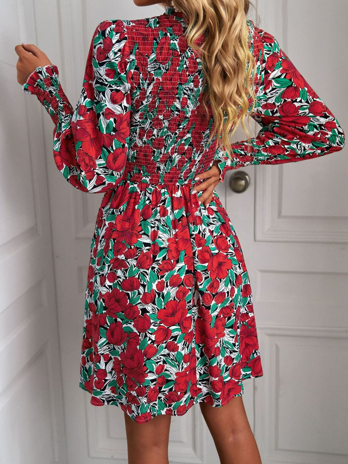 Printed Puff Sleeve Smocked Dress