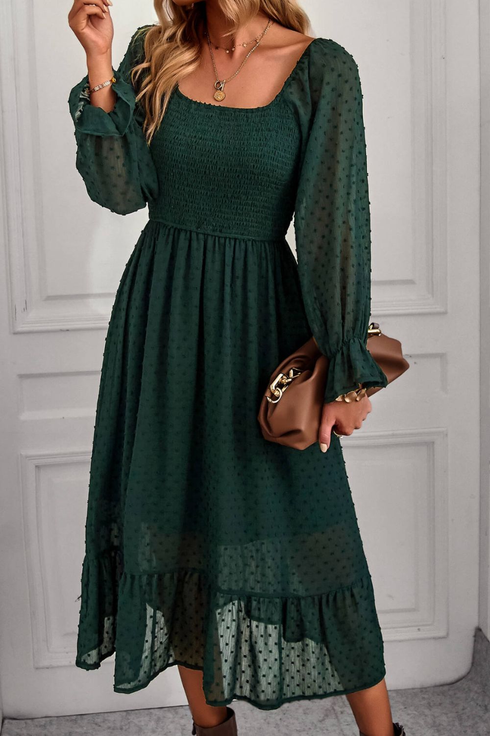 Swiss Dot Smocked Ruffle Hem Flounce Sleeve Dress