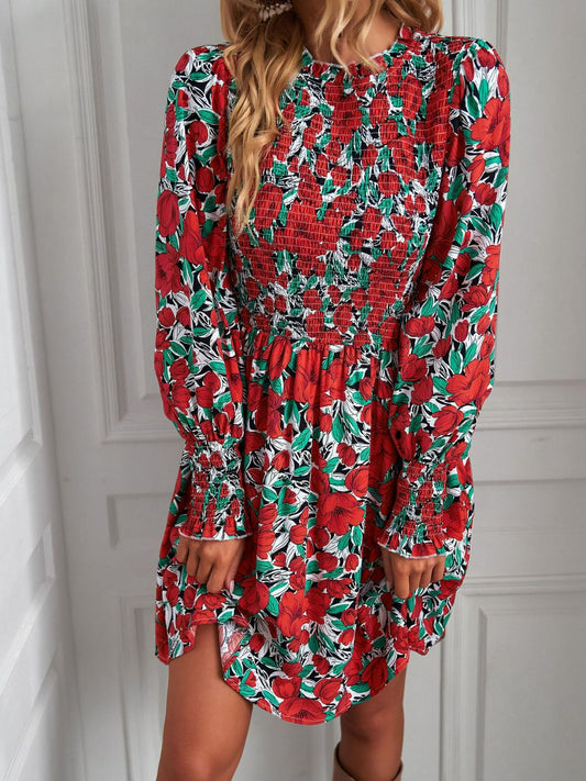 Printed Puff Sleeve Smocked Dress