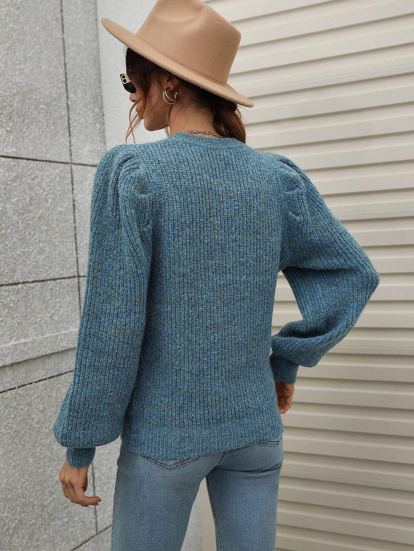 Heathered Long Lantern Sleeve Rib-Knit Sweater