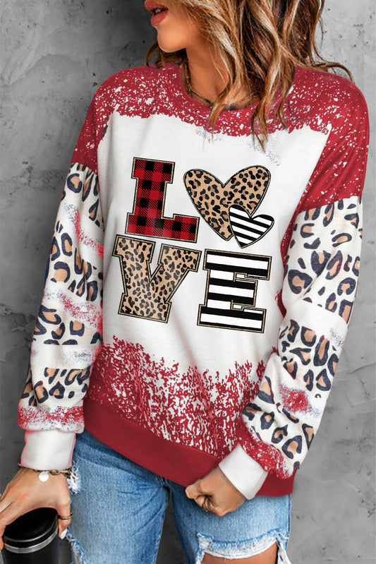 LOVE Plaid Leopard Dropped Shoulder Sweatshirt